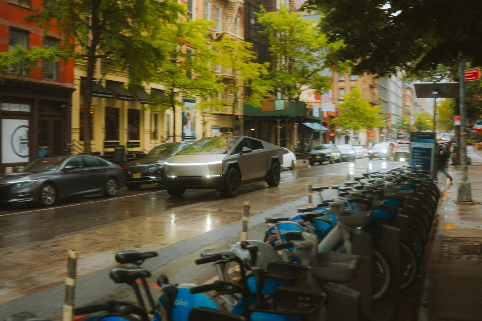 Tesla Cybertruck on Street in Rain